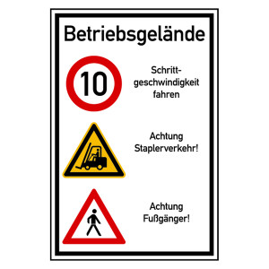Hinweisschild Betriebsgelände "Schrittgeschwindigkeit 10 km/h" Aluminium-Verbund 2 mm 600 x 900 mm