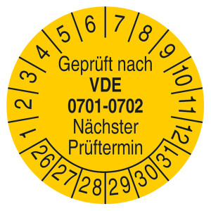 Mehrjahresprüfplakette Gelb "Geprüft nach VDE 0701-0702" Jahr 2026 Dokumentenfolie Ø 30 mm