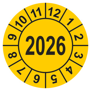 Jahresprüfplakette Gelb Jahr 2026 Dokumentenfolie Ø 30 mm