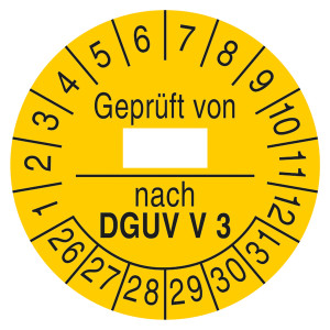 Mehrjahresprüfplakette Gelb "Geprüft von nach DGUV V 3" Jahr 2026 Dokumentenfolie Ø 30 mm