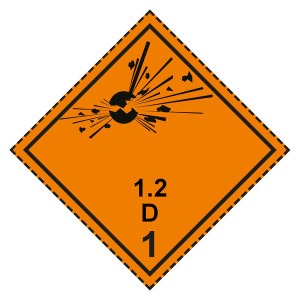 Gefahrzettel, Gefahrgutaufkleber Klasse 1.2 D Explosive Stoffe mit gestrichelter Kontrastlinie