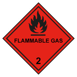Gefahrzettel, Gefahrgutaufkleber Klasse 2.1 Entzündbare Gase mit Zusatztext FLAMMABLE GAS, Flamme Schwarz mit durchgehender Kontrastlinie