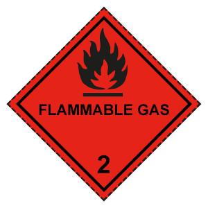 Gefahrzettel, Gefahrgutaufkleber Klasse 2.1 Entzündbare Gase mit Zusatztext FLAMMABLE GAS, Flamme Schwarz mit gestrichelter Kontrastlinie