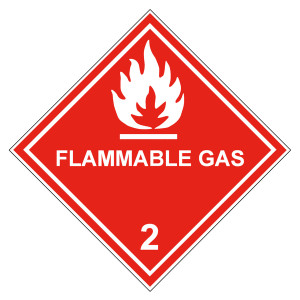 Gefahrzettel, Gefahrgutaufkleber Klasse 2.1 Entzündbare Gase mit Zusatztext FLAMMABLE GAS, Flamme Weiß mit durchgehender Kontrastlinie