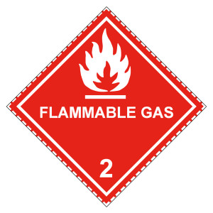 Gefahrzettel, Gefahrgutaufkleber Klasse 2.1 Entzündbare Gase mit Zusatztext FLAMMABLE GAS, Flamme Weiß mit gestrichelter Kontrastlinie