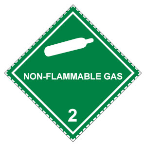 Gefahrzettel, Gefahrgutaufkleber Klasse 2.2 Nicht entzündbare, nicht giftige Gase mit Zusatztext NON-FLAMMABLE GAS, Gasflasche Weiß mit gestrichelter