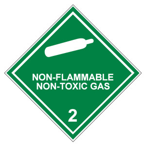Gefahrzettel, Gefahrgutaufkleber Klasse 2.2 Nicht entzündbare, nicht giftige Gase mit Zusatztext NON-FLAMMABLE NON-TOXIC GAS, Gasflasche Weiß mit durc