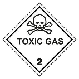 Gefahrzettel, Gefahrgutaufkleber Klasse 2.3 Giftige Gase mit Zusatztext TOXIC GAS, Totenkopf Schwarz mit gestrichelter Kontrastlinie