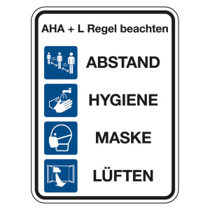 Hinweisschild Verhaltensregeln "AHA + L Regel beachten", Kunststoff, 300 x 400 mm, Einzelschild