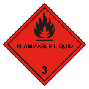 Gefahrzettel, Gefahrgutaufkleber Klasse 3 Entzündbare, flüssige Stoffe mit Zusatztext FLAMMABLE LIQUID, Flamme Schwarz mit durchgehender Kontrastlinie