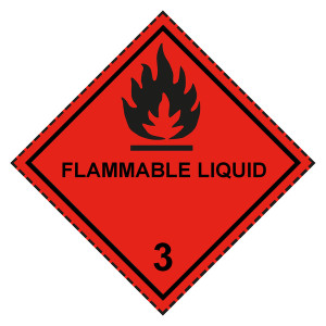Gefahrzettel, Gefahrgutaufkleber Klasse 3 Entzündbare, flüssige Stoffe mit Zusatztext FLAMMABLE LIQUID, Flamme Schwarz mit gestrichelter Kontrastlinie