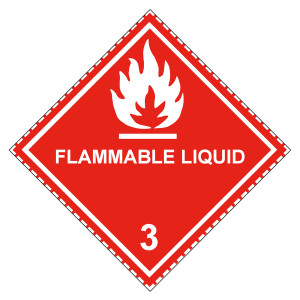 Gefahrzettel, Gefahrgutaufkleber Klasse 3 Entzündbare, flüssige Stoffe mit Zusatztext FLAMMABLE LIQUID, Flamme Weiß mit gestrichelter Kontrastlinie