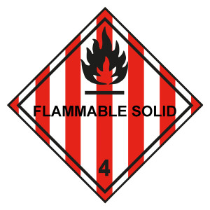 Gefahrzettel, Gefahrgutaufkleber Klasse 4.1 Entzündbare feste Stoffe mit Zusatztext FLAMMABLE SOLID, Flamme Schwarz mit durchgehender Kontrastlinie