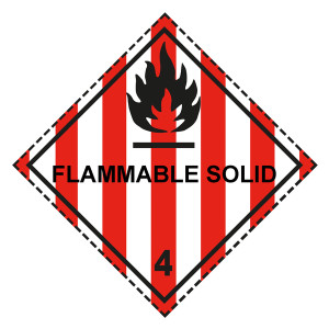 Gefahrzettel, Gefahrgutaufkleber Klasse 4.1 Entzündbare feste Stoffe mit Zusatztext FLAMMABLE SOLID, Flamme Schwarz mit gestrichelter Kontrastlinie