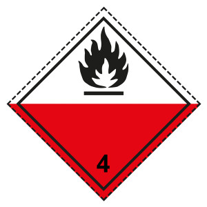 Gefahrzettel, Gefahrgutaufkleber Klasse 4.2 Selbstentzündliche Stoffe, Flamme Schwarz mit gestrichelter Kontrastlinie