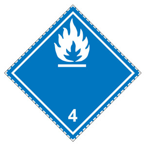 Gefahrzettel, Gefahrgutaufkleber Klasse 4.3 Stoffe, die mit Wasser entzündliche Gase bilden, Flamme Weiß mit gestrichelter Kontrastlinie