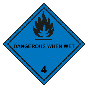Gefahrzettel, Gefahrgutaufkleber Klasse 4.3 Stoffe, die mit Wasser entzündliche Gase bilden mit Zusatztext DANGEROUS WHEN WET, Flamme Schwarz mit durc