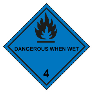 Gefahrzettel, Gefahrgutaufkleber Klasse 4.3 Stoffe, die mit Wasser entzündliche Gase bilden mit Zusatztext DANGEROUS WHEN WET, Flamme Schwarz mit gest