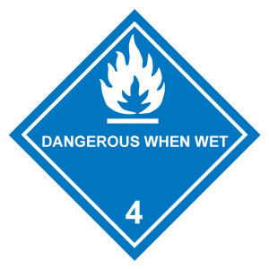 Gefahrzettel, Gefahrgutaufkleber Klasse 4.3 Stoffe, die mit Wasser entzündliche Gase bilden mit Zusatztext DANGEROUS WHEN WET, Flamme Weiß
