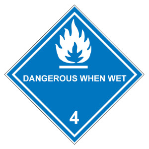 Gefahrzettel, Gefahrgutaufkleber Klasse 4.3 Stoffe, die mit Wasser entzündliche Gase bilden mit Zusatztext DANGEROUS WHEN WET, Flamme Weiß mit durchge