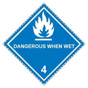 Gefahrzettel, Gefahrgutaufkleber Klasse 4.3 Stoffe, die mit Wasser entzündliche Gase bilden mit Zusatztext DANGEROUS WHEN WET, Flamme Weiß mit gestric