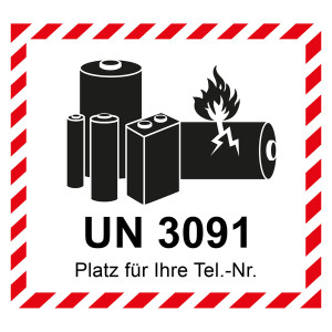 Aufkleber Lithium Batterie mit UN-Nummer UN 3091 und Eindruck Telefonnummer