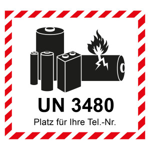 Aufkleber Lithium Batterie mit UN-Nummer UN 3480 und Eindruck Telefonnummer