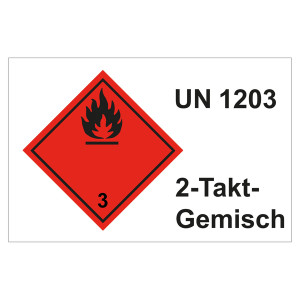 Gefahrzettel, Kombi-Aufkleber, Gefahrgutaufkleber Klasse 3 Entzündbare, flüssige Stoffe, UN 1203, 2-Takt-Gemisch