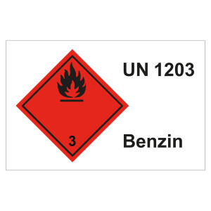Gefahrzettel, Kombi-Aufkleber, Gefahrgutaufkleber Klasse 3 Entzündbare, flüssige Stoffe, UN 1203, Benzin