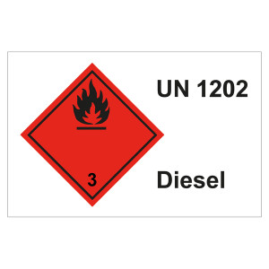 Gefahrzettel, Kombi-Aufkleber, Gefahrgutaufkleber Klasse 3 Entzündbare, flüssige Stoffe, UN 1202, Diesel