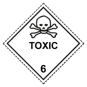 Gefahrzettel, Gefahrgutaufkleber Klasse 6.1 Giftige Stoffe mit Zusatztext TOXIC, mit gestrichelter Kontrastlinie