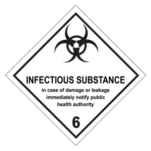 Gefahrzettel, Gefahrgutaufkleber Klasse 6.2 Ansteckungsgefährliche Stoffe mit Zusatztext INFECTIOUS SUBSTANCE (Gesundheitsbehörden verständigen)