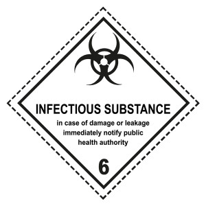 Gefahrzettel, Gefahrgutaufkleber Klasse 6.2 Ansteckungsgefährliche Stoffe mit Zusatztext INFECTIOUS SUBSTANCE (Gesundheitsbehörden verständigen), mit
