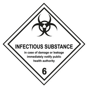 Gefahrzettel, Gefahrgutaufkleber Klasse 6.2 Ansteckungsgefährliche Stoffe mit Zusatztext INFECTIOUS SUBSTANCE (Gesundheitsbehörden verständigen), mit