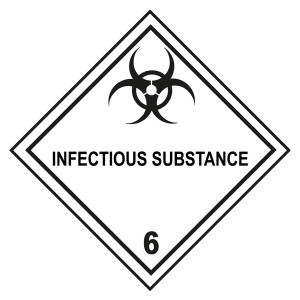 Gefahrzettel, Gefahrgutaufkleber Klasse 6.2 Ansteckungsgefährliche Stoffe mit Zusatztext INFECTIOUS SUBSTANCE, mit durchgehender Kontrastlinie