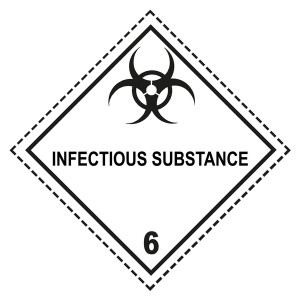 Gefahrzettel, Gefahrgutaufkleber Klasse 6.2 Ansteckungsgefährliche Stoffe mit Zusatztext INFECTIOUS SUBSTANCE, mit gestrichelter Kontrastlinie