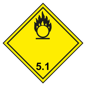 Gefahrzettel, Gefahrgutaufkleber Klasse 5.1 Entzündend (oxidierend) wirkende Stoffe, Flamme über einem Kreis Schwarz, mit durchgehender Kontrastlinie
