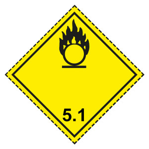 Gefahrzettel, Gefahrgutaufkleber Klasse 5.1 Entzündend (oxidierend) wirkende Stoffe, Flamme über einem Kreis Schwarz, mit gestrichelter Kontrastlinie
