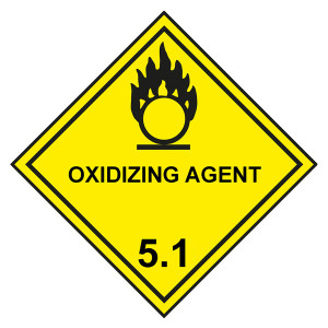 Gefahrzettel, Gefahrgutaufkleber Klasse 5.1 Entzündend (oxidierend) wirkende Stoffe, Flamme über einem Kreis Schwarz mit Zusatztext OXIDIZING AGENT, m