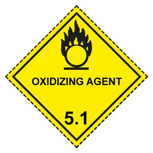 Gefahrzettel, Gefahrgutaufkleber Klasse 5.1 Entzündend (oxidierend) wirkende Stoffe, Flamme über einem Kreis Schwarz mit Zusatztext OXIDIZING AGENT, m