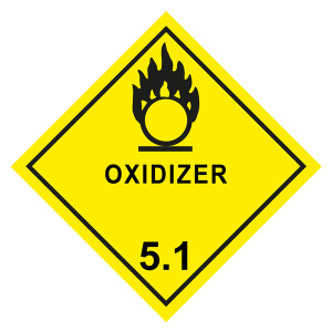 Gefahrzettel, Gefahrgutaufkleber Klasse 5.1 Entzündend (oxidierend) wirkende Stoffe, Flamme über einem Kreis Schwarz mit Zusatztext OXIDIZER
