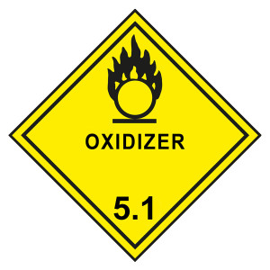 Gefahrzettel, Gefahrgutaufkleber Klasse 5.1 Entzündend (oxidierend) wirkende Stoffe, Flamme über einem Kreis Schwarz mit Zusatztext OXIDIZER, mit durc