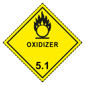 Gefahrzettel, Gefahrgutaufkleber Klasse 5.1 Entzündend (oxidierend) wirkende Stoffe, Flamme über einem Kreis Schwarz mit Zusatztext OXIDIZER, mit gest