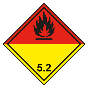 Gefahrzettel, Gefahrgutaufkleber Klasse 5.2 Organische Peroxide, Flamme Schwarz, mit durchgehender Kontrastlinie