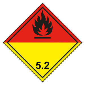 Gefahrzettel, Gefahrgutaufkleber Klasse 5.2 Organische Peroxide, Flamme Schwarz, mit gestrichelter Kontrastlinie