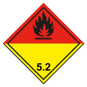 Gefahrzettel, Gefahrgutaufkleber Klasse 5.2 Organische Peroxide, Flamme Schwarz, mit durchgehender Kontrastlinie unten