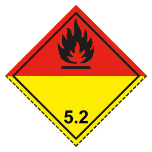 Gefahrzettel, Gefahrgutaufkleber Klasse 5.2 Organische Peroxide, Flamme Schwarz, mit gestrichelter Kontrastlinie unten