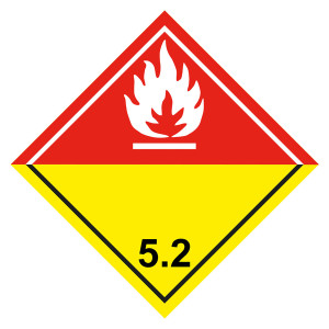 Gefahrzettel, Gefahrgutaufkleber Klasse 5.2 Organische Peroxide, Flamme Weiß