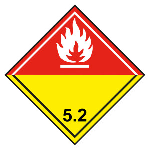 Gefahrzettel, Gefahrgutaufkleber Klasse 5.2 Organische Peroxide, Flamme Weiß, mit durchgehender Kontrastlinie