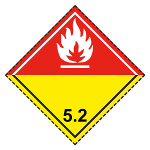Gefahrzettel, Gefahrgutaufkleber Klasse 5.2 Organische Peroxide, Flamme Weiß, mit gestrichelter Kontrastlinie